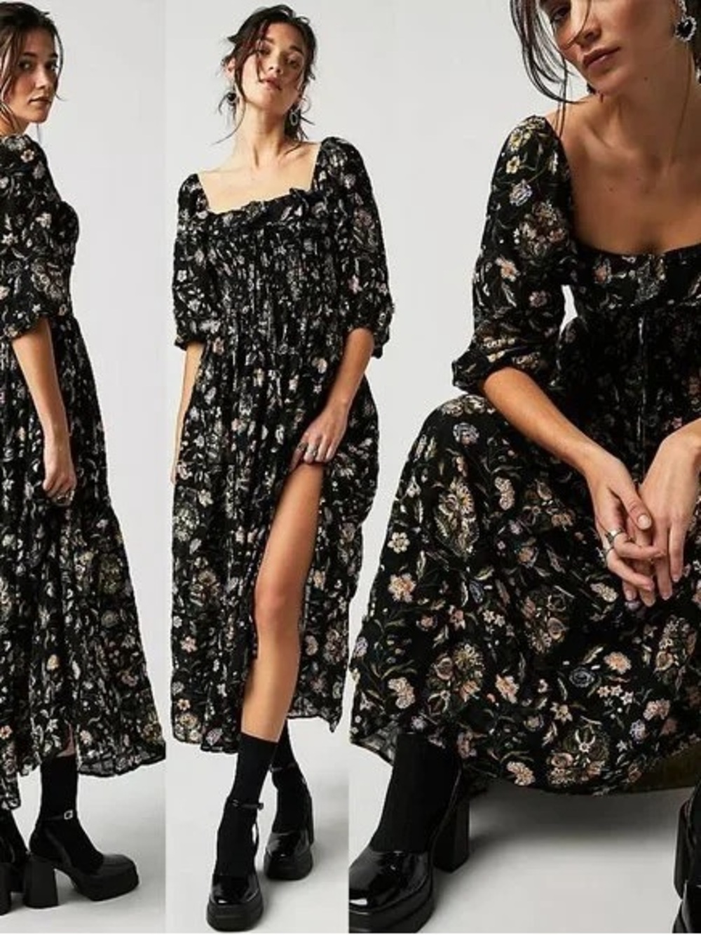 Free People Oasis Midi Dress in Black Floral Combo - Picture 2 of 8